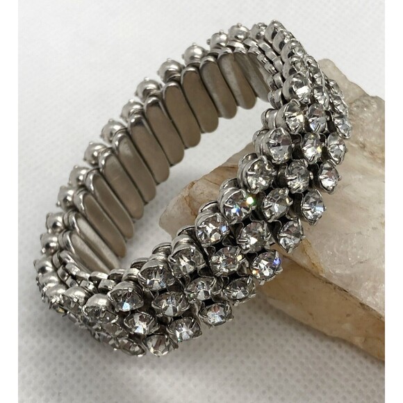 Vintage Clear Rhinestone Accordion Stretch Silver Tone Bracelet 50s 60s Sparkly - Picture 1 of 9
